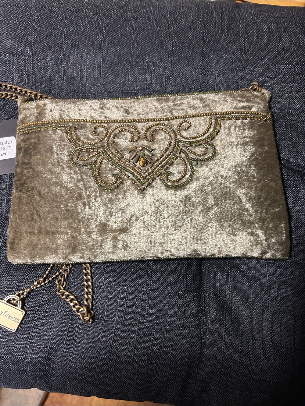 Mary Francis HAND BEADED Velvet Crossbody Clutch Olive Green BRAND NEW WITH TAG - Picture 4 of 16